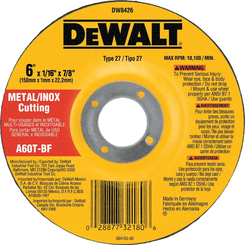 Dewalt Hp Type 27 Cut-Off Wheel – 6 In. X 0.045 In. X 7/8 In. For Metal And Stainless Steel 1