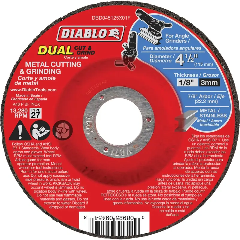 Diablo Type 27 Grinding Wheel – 4.5" × 1/8" × 7/8", For Metal & Stainless Steel 1