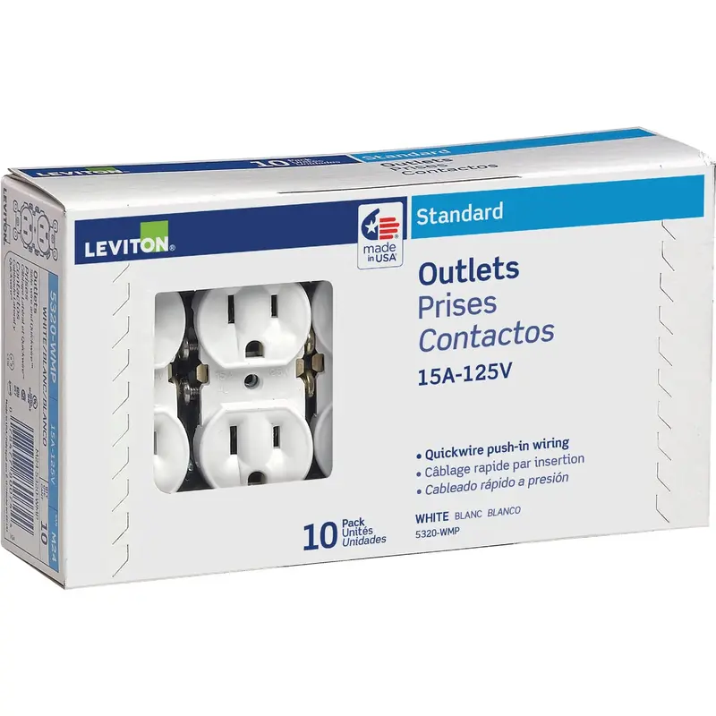 Leviton 15-Amp Grounded Duplex Outlet – White Shallow Design, 10-Pack 1