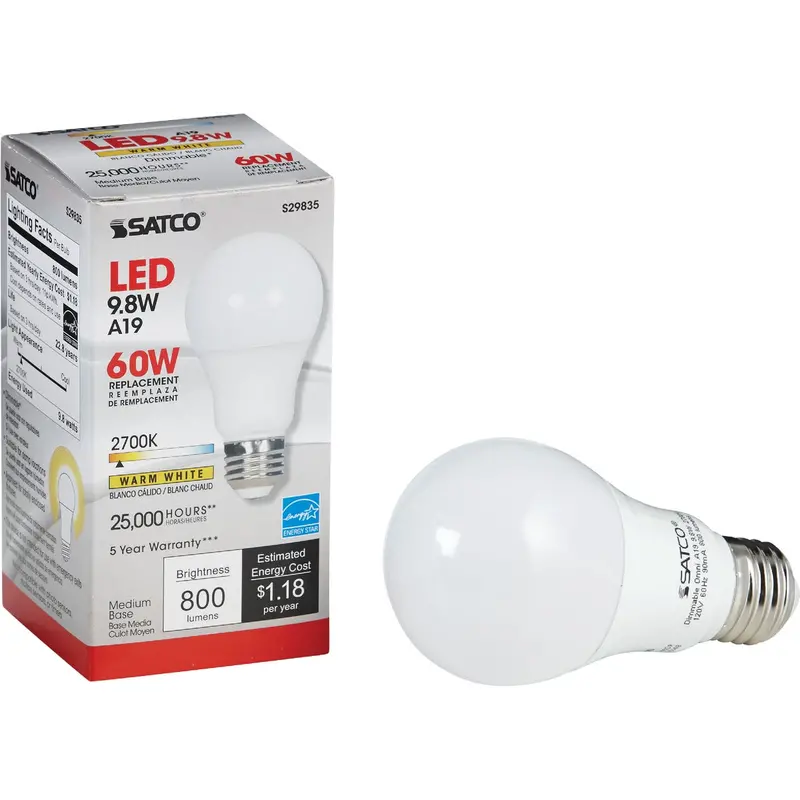 Satco Dimmable A19 Led Bulb – 60W Equivalent, Warm White, Medium Base 1