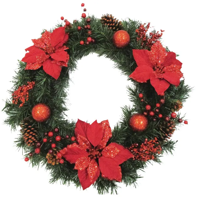 Sterling Pine, Poinsettia & Berry Artificial Wreath – 30" Diameter 1